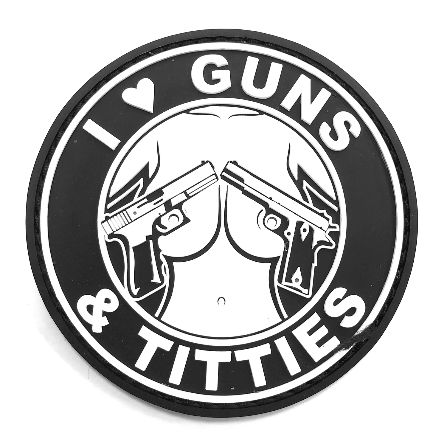 Нашивка I LOVE GUNS & TITTIES (ПВХPVC, Круг, 80мм, Черный)