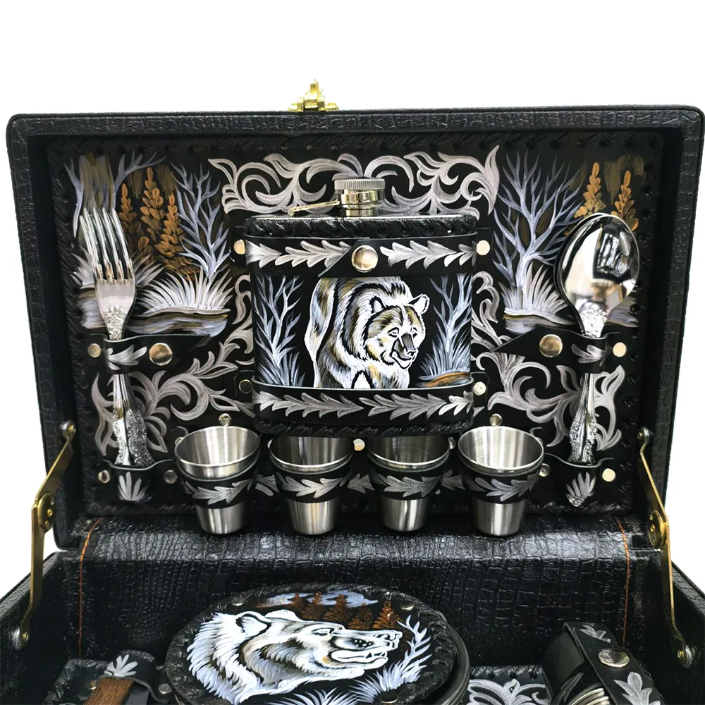 Подарочный набор (Окские Ножи) №3 Лесник (Черная кожа, Нержавейка, 23 предмета) 4