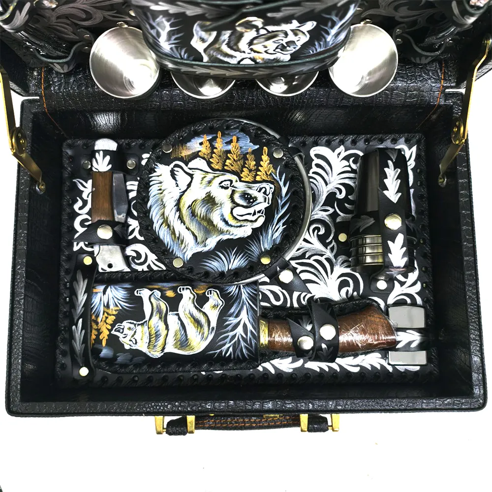 Подарочный набор (Окские Ножи) №3 Лесник (Черная кожа, Нержавейка, 23 предмета) 3