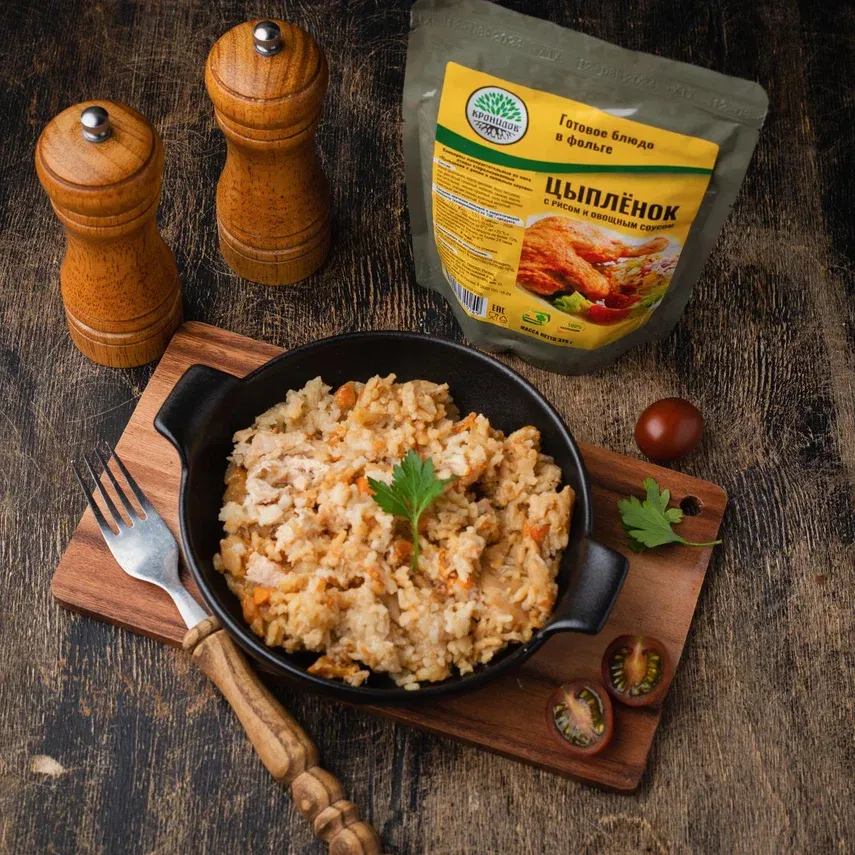 Консервы (Кронидов) Цыпленок с рисом и овощным соусом (325г.)