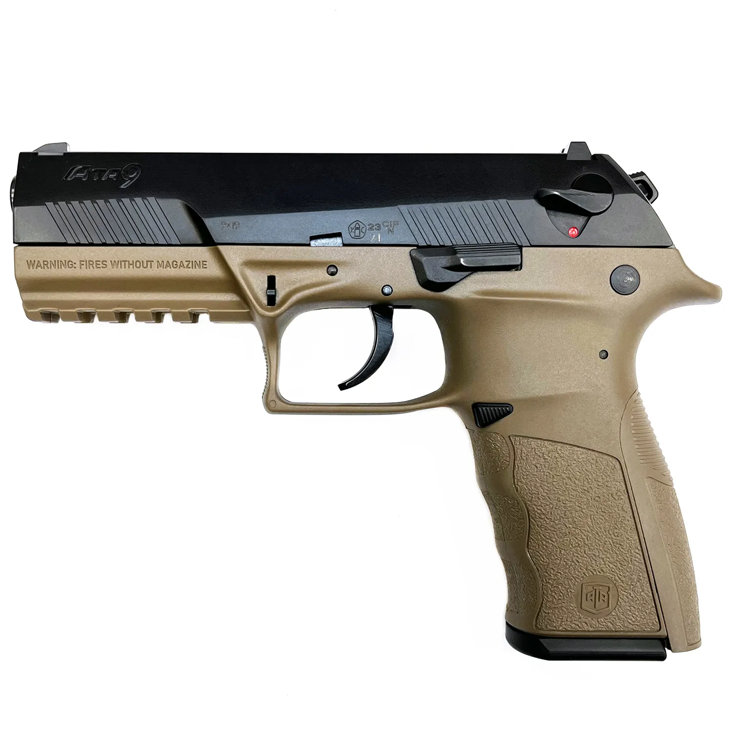 Пистолет спортивный (Ata Arms) АТА9 FDE кал. 9х19 (Емкость магазина15, УСМ двойного действия, Метал_Пластик, Weaver, Черный затвор_Серая рамка, Вес 0,