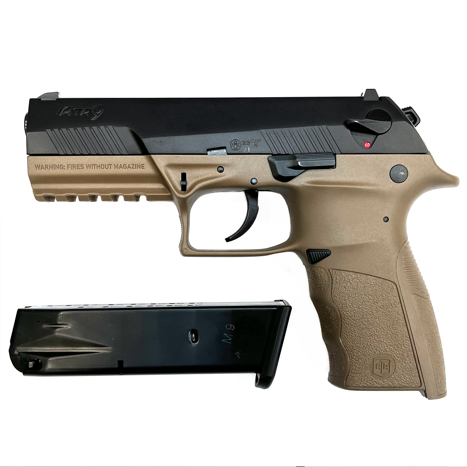 Пистолет спортивный (Ata Arms) АТА9 FDE кал. 9х19 (Емкость магазина15, УСМ двойного действия, Метал_Пластик, Weaver, Черный затвор_Серая рамка, Вес 0,