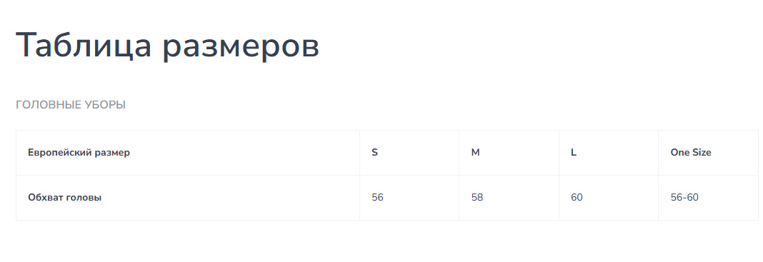 Размерная сетка Шапки