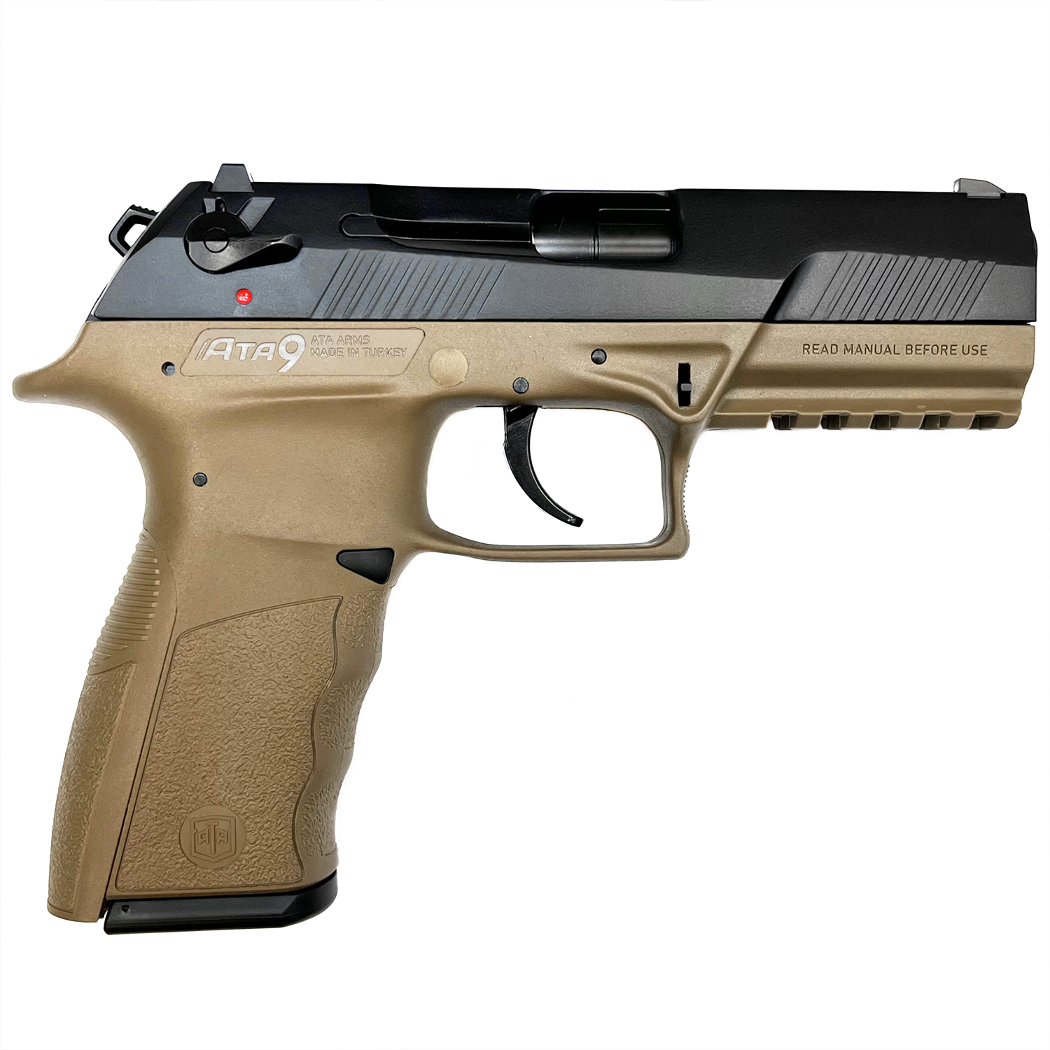 Пистолет спортивный (Ata Arms) АТА9 FDE кал. 9х19 (Емкость магазина15, УСМ двойного действия, Метал_Пластик, Weaver, Черный затвор_Серая рамка, Вес 0,
