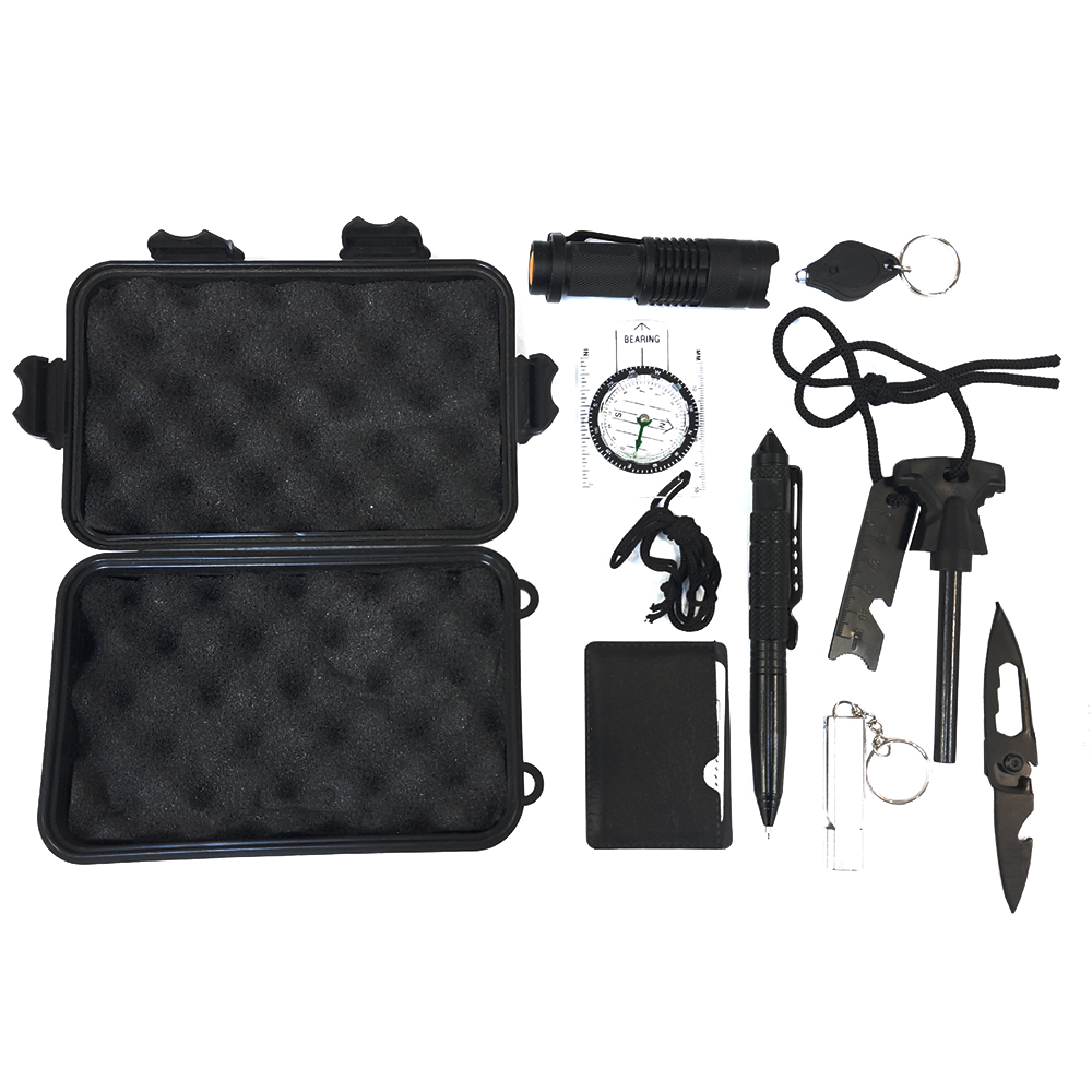 Набор для выживания (Нож, Компас, Огниво, Фонарь, Мультитул, Ручка, Кейс черный пластик)
